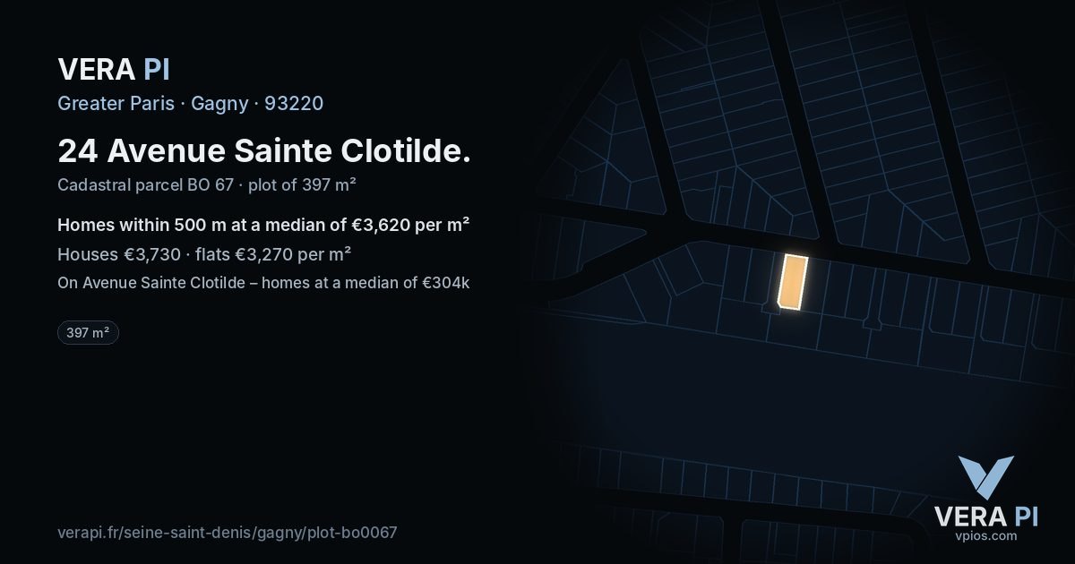 24 Avenue Sainte Clotilde, Gagny at night – the plot lit, the parcels around coloured by the prices near them