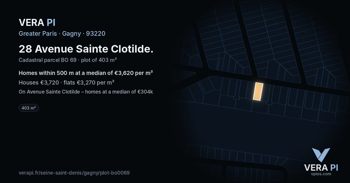 28 Avenue Sainte Clotilde, Gagny at night – the plot lit, the parcels around coloured by the prices near them