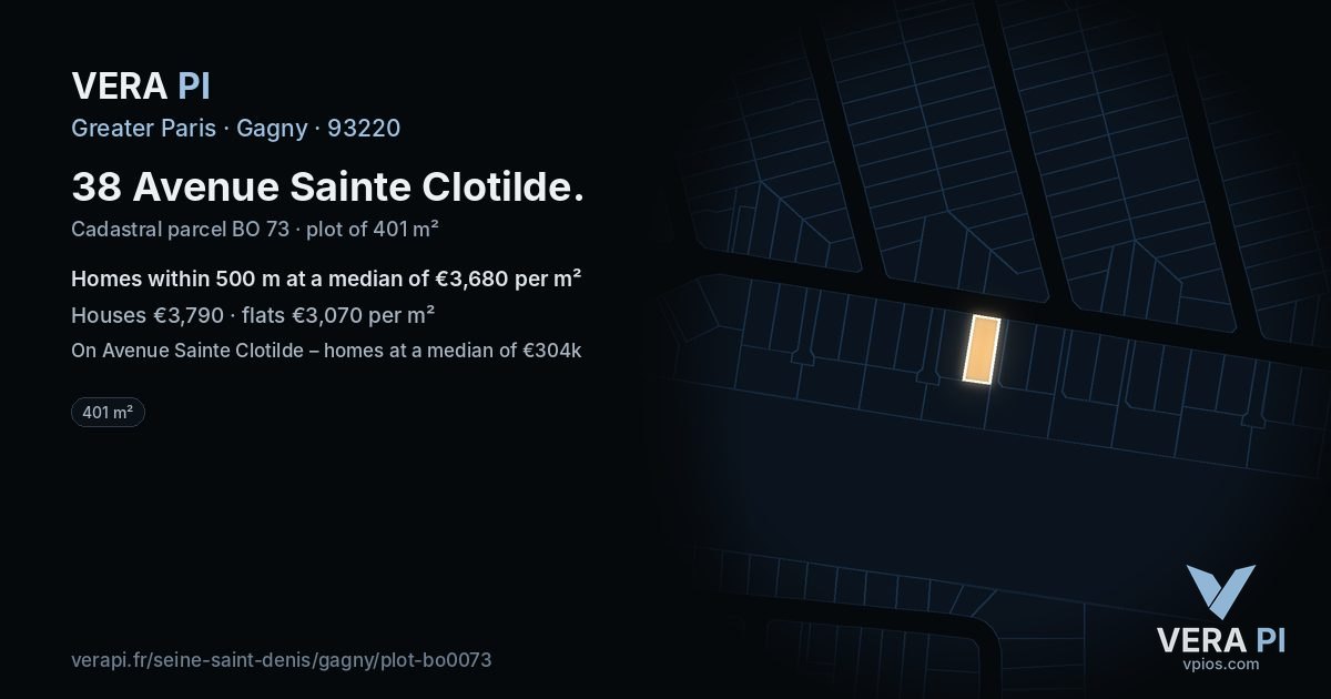 38 Avenue Sainte Clotilde, Gagny at night – the plot lit, the parcels around coloured by the prices near them