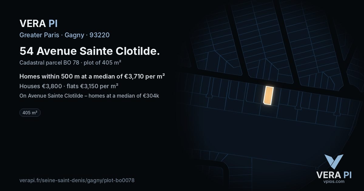 54 Avenue Sainte Clotilde, Gagny at night – the plot lit, the parcels around coloured by the prices near them