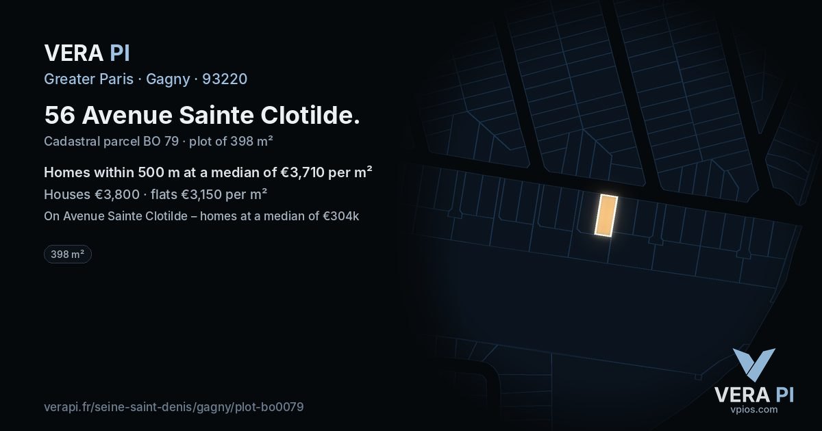 56 Avenue Sainte Clotilde, Gagny at night – the plot lit, the parcels around coloured by the prices near them
