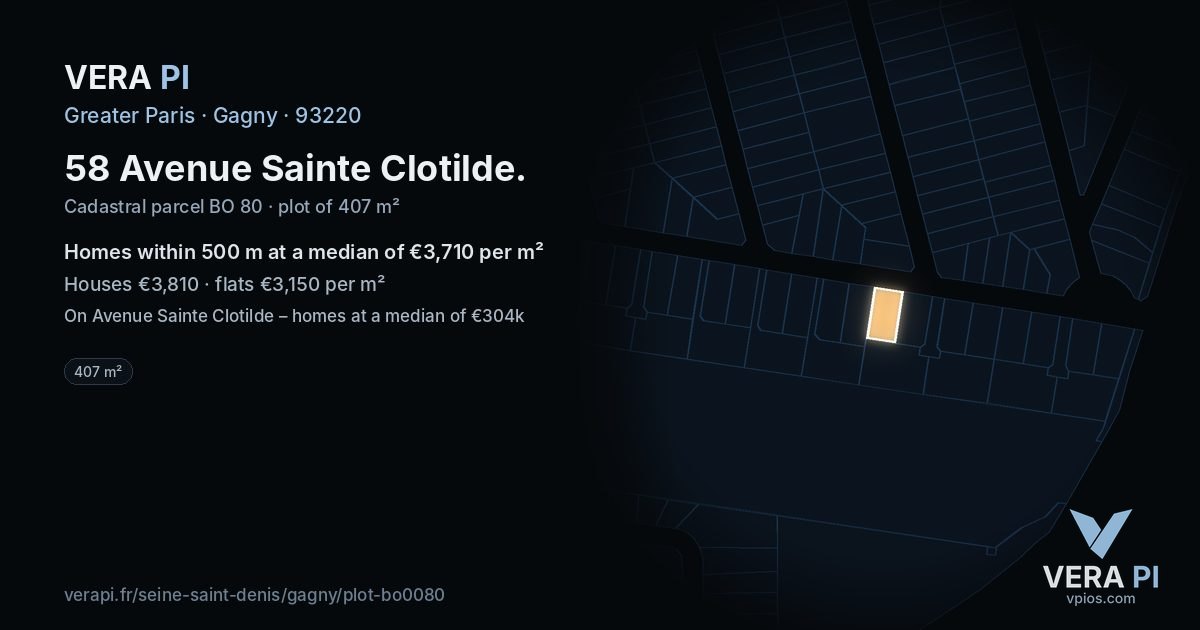 58 Avenue Sainte Clotilde, Gagny at night – the plot lit, the parcels around coloured by the prices near them