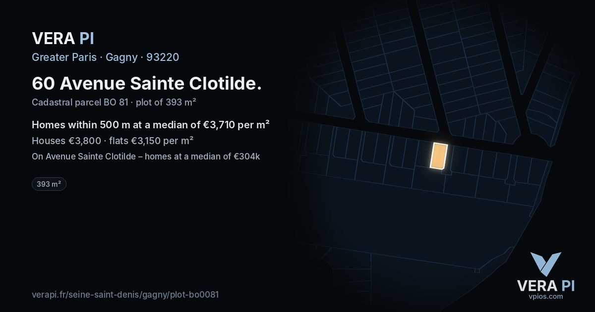 60 Avenue Sainte Clotilde, Gagny at night – the plot lit, the parcels around coloured by the prices near them