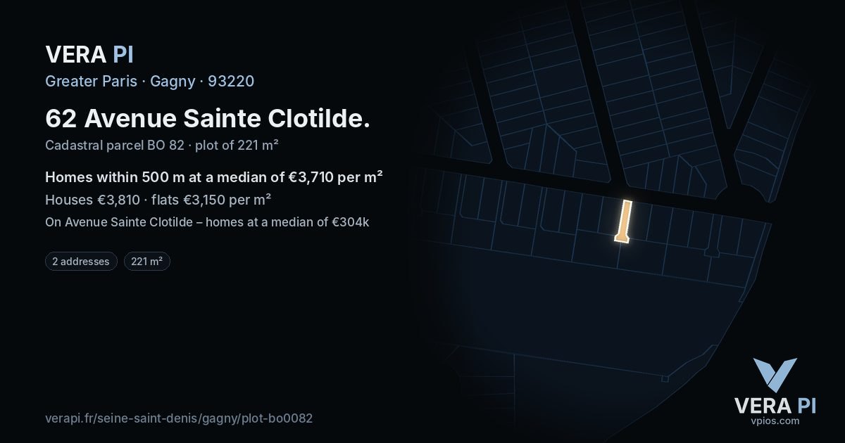 62 Avenue Sainte Clotilde, Gagny at night – the plot lit, the parcels around coloured by the prices near them