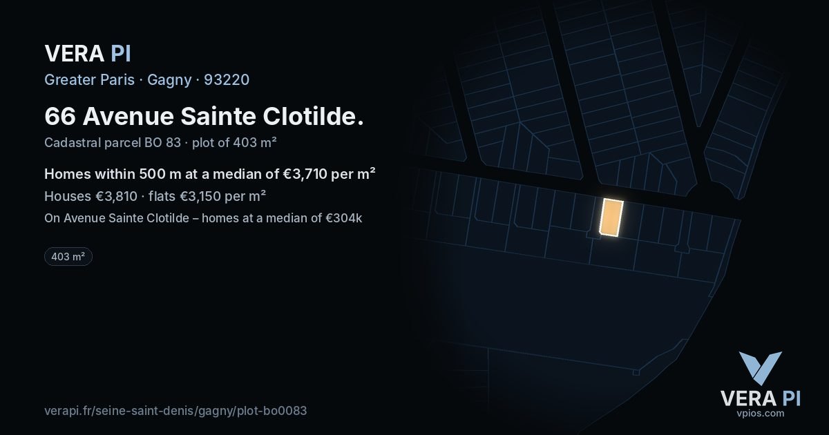 66 Avenue Sainte Clotilde, Gagny at night – the plot lit, the parcels around coloured by the prices near them