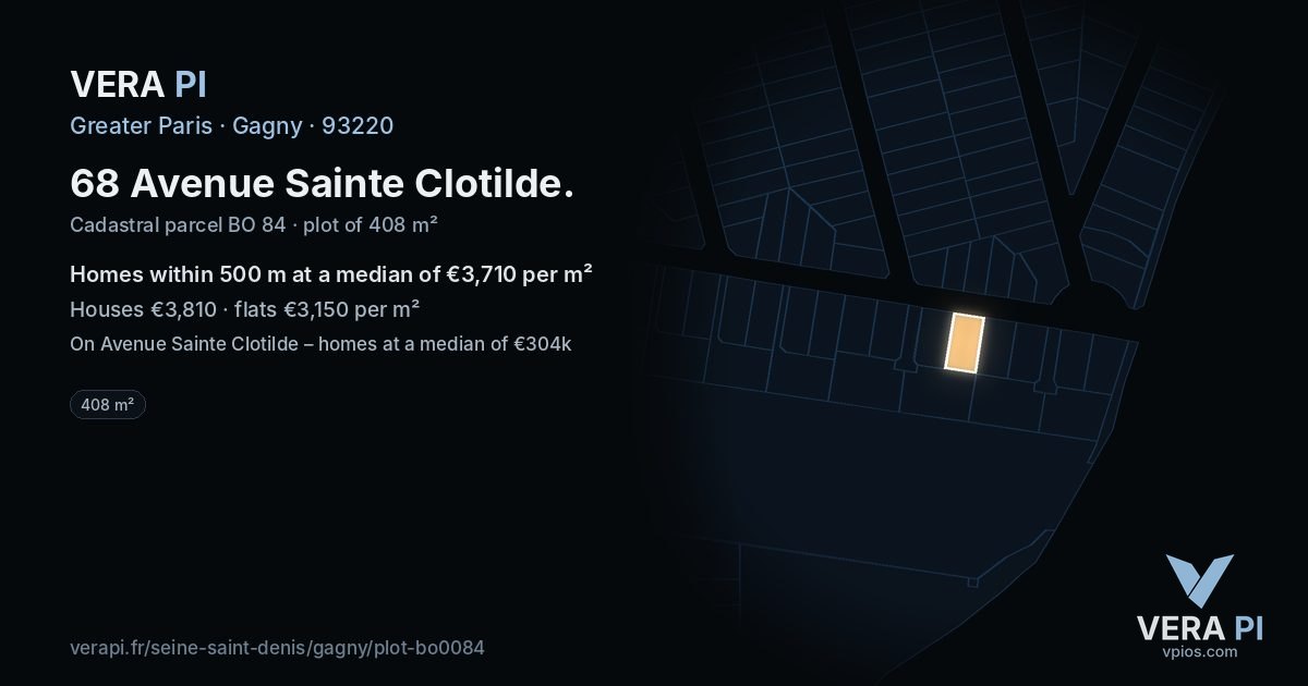 68 Avenue Sainte Clotilde, Gagny at night – the plot lit, the parcels around coloured by the prices near them