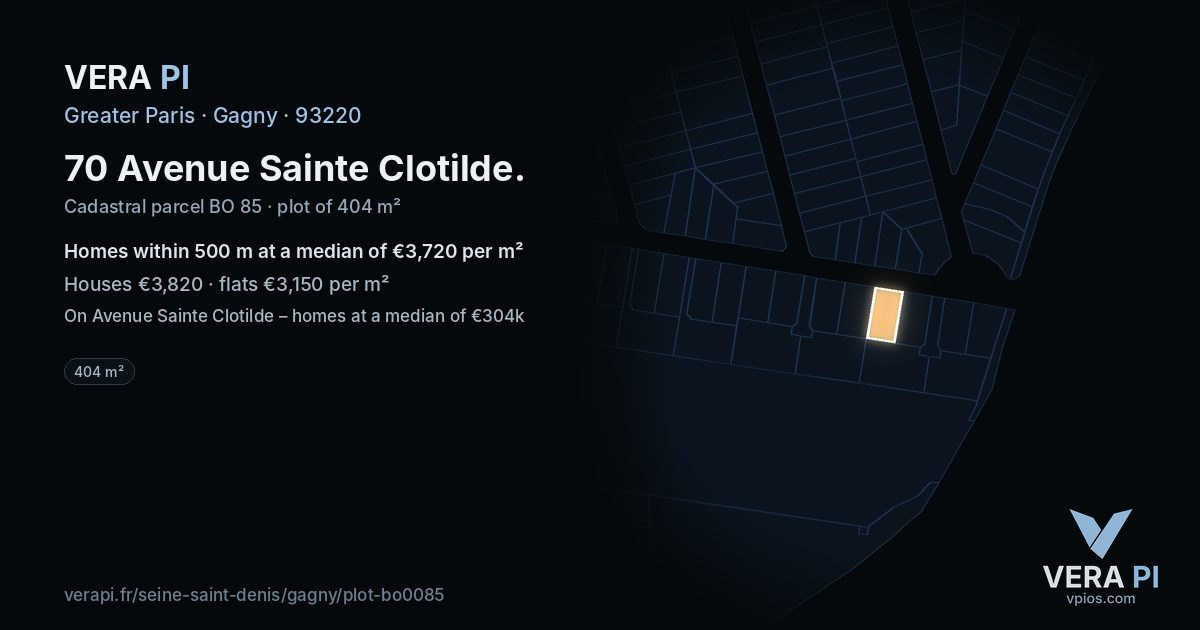 70 Avenue Sainte Clotilde, Gagny at night – the plot lit, the parcels around coloured by the prices near them