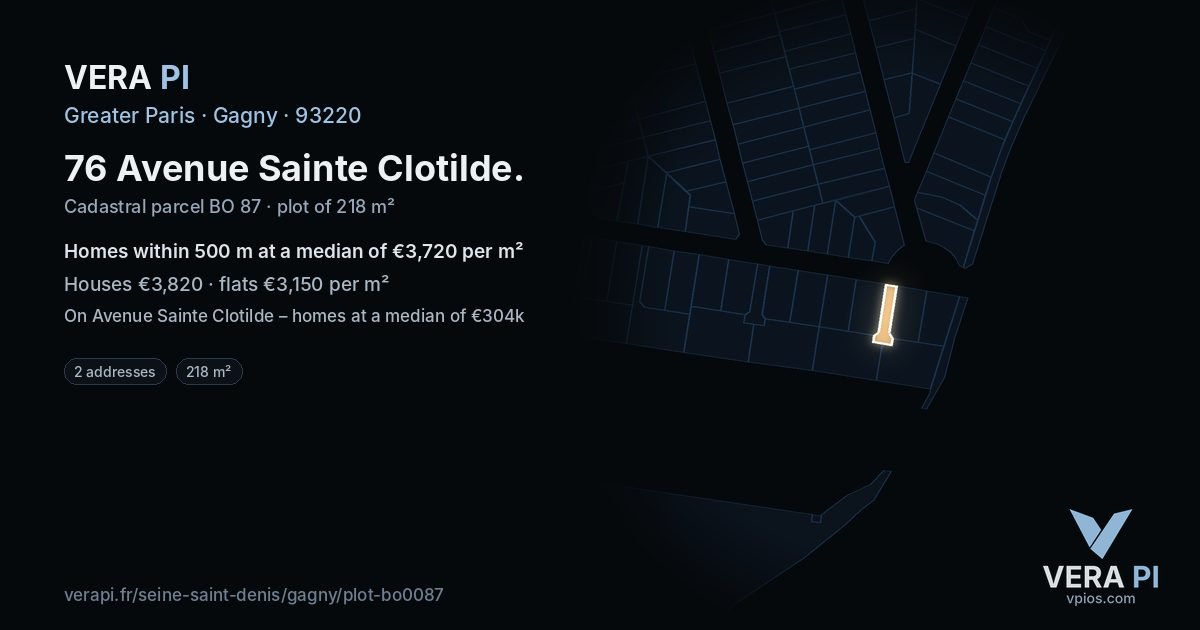 76 Avenue Sainte Clotilde, Gagny at night – the plot lit, the parcels around coloured by the prices near them