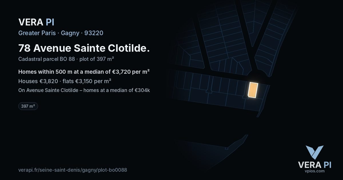 78 Avenue Sainte Clotilde, Gagny at night – the plot lit, the parcels around coloured by the prices near them