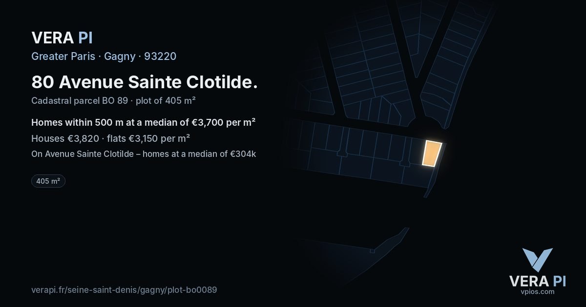 80 Avenue Sainte Clotilde, Gagny at night – the plot lit, the parcels around coloured by the prices near them