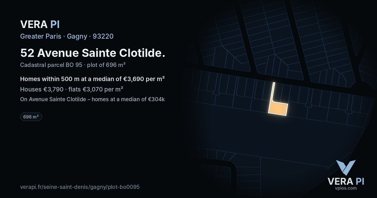 52 Avenue Sainte Clotilde, Gagny at night – the plot lit, the parcels around coloured by the prices near them
