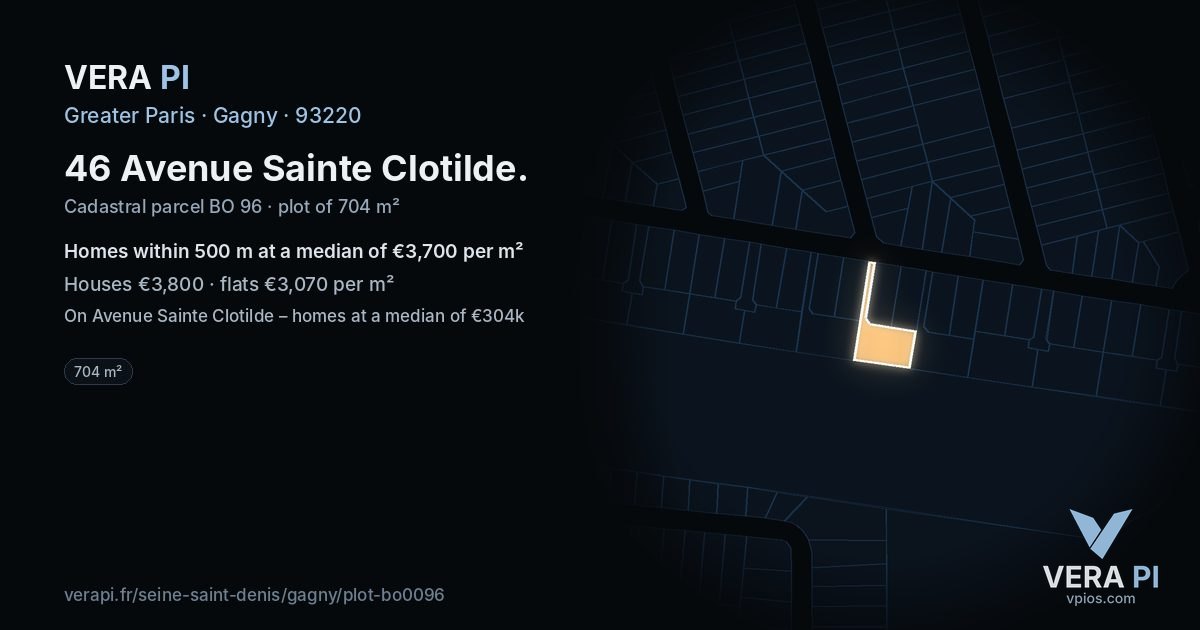 46 Avenue Sainte Clotilde, Gagny at night – the plot lit, the parcels around coloured by the prices near them