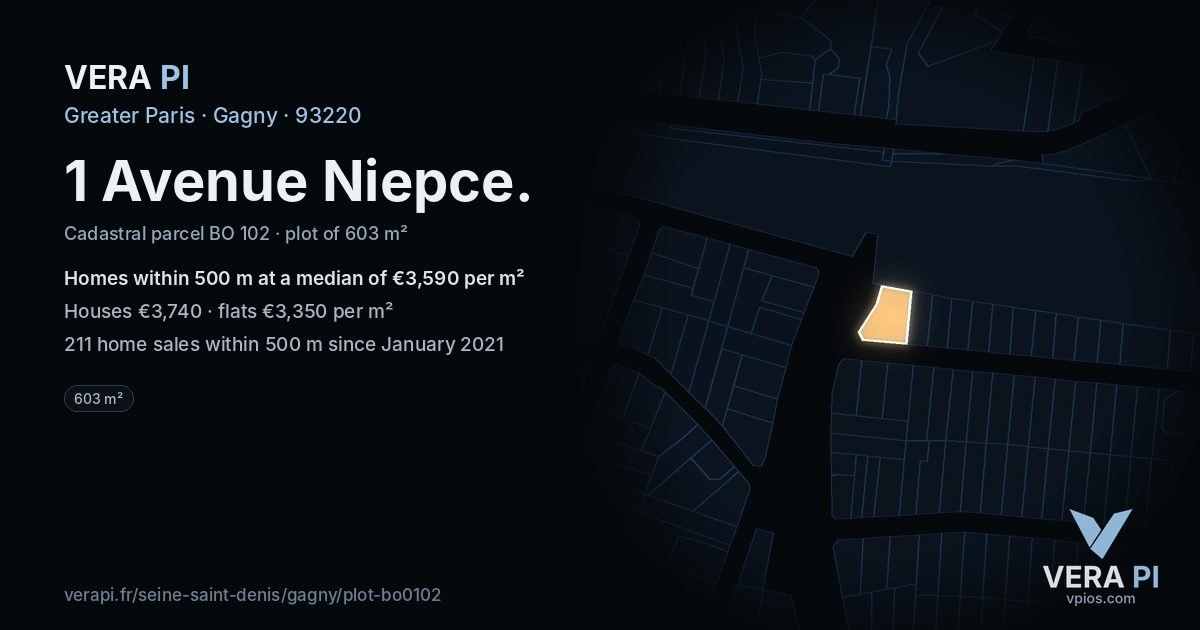 1 Avenue Niepce, Gagny at night – the plot lit, the parcels around coloured by the prices near them