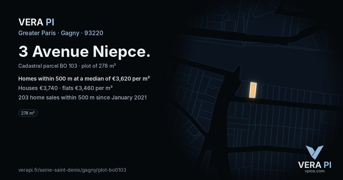 3 Avenue Niepce, Gagny at night – the plot lit, the parcels around coloured by the prices near them
