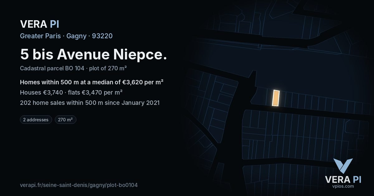 5 bis Avenue Niepce, Gagny at night – the plot lit, the parcels around coloured by the prices near them
