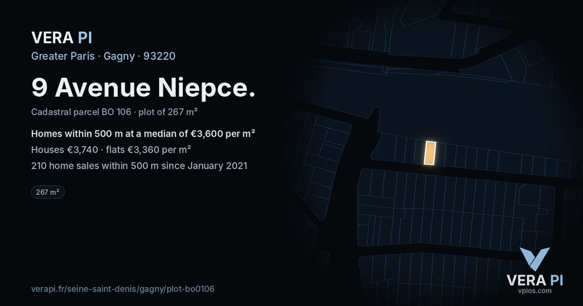 9 Avenue Niepce, Gagny at night – the plot lit, the parcels around coloured by the prices near them