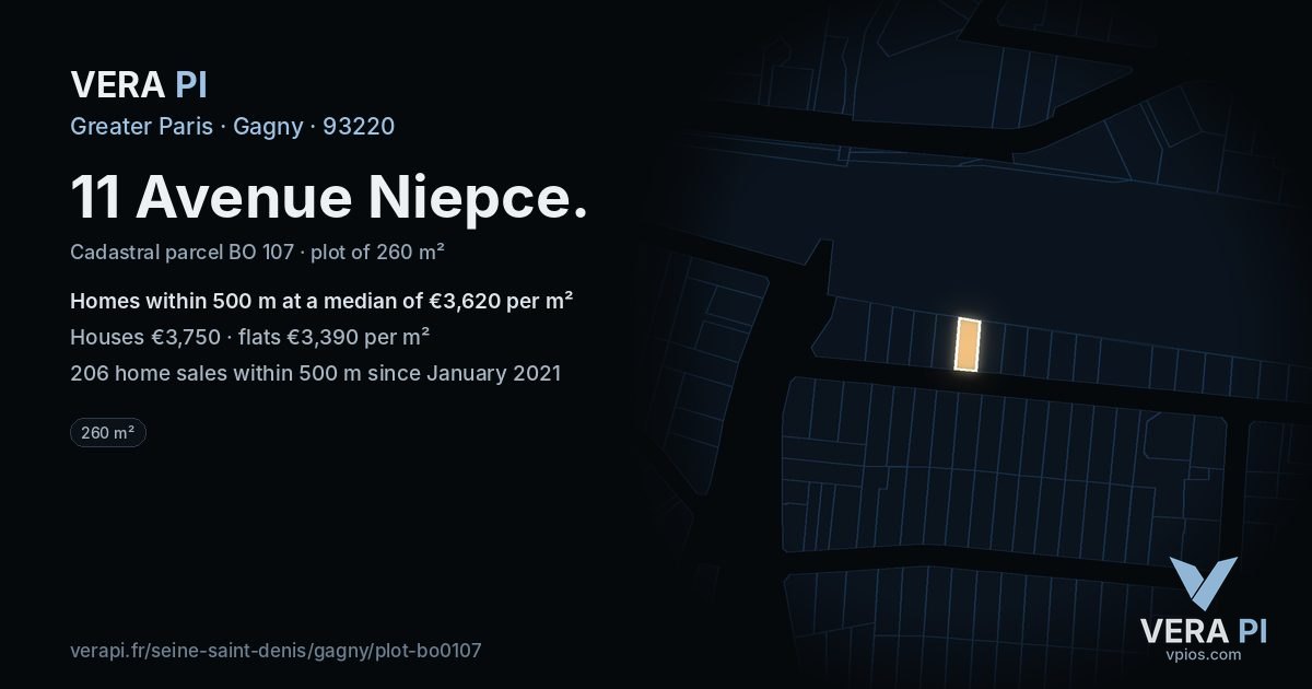 11 Avenue Niepce, Gagny at night – the plot lit, the parcels around coloured by the prices near them