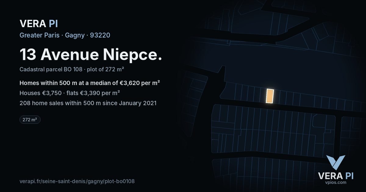 13 Avenue Niepce, Gagny at night – the plot lit, the parcels around coloured by the prices near them