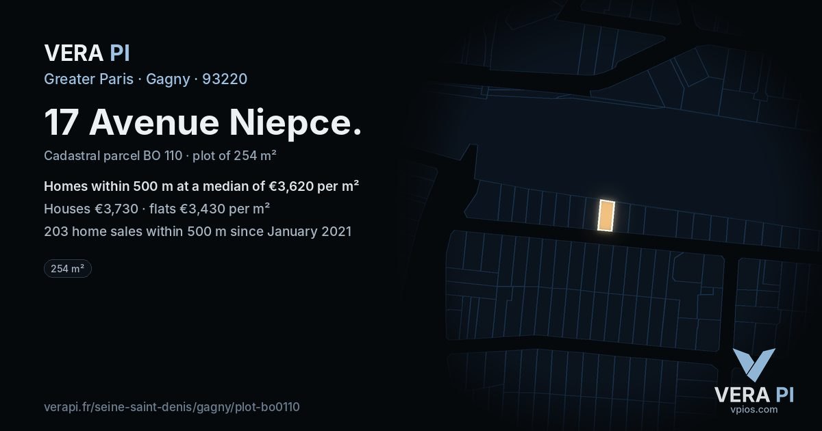 17 Avenue Niepce, Gagny at night – the plot lit, the parcels around coloured by the prices near them
