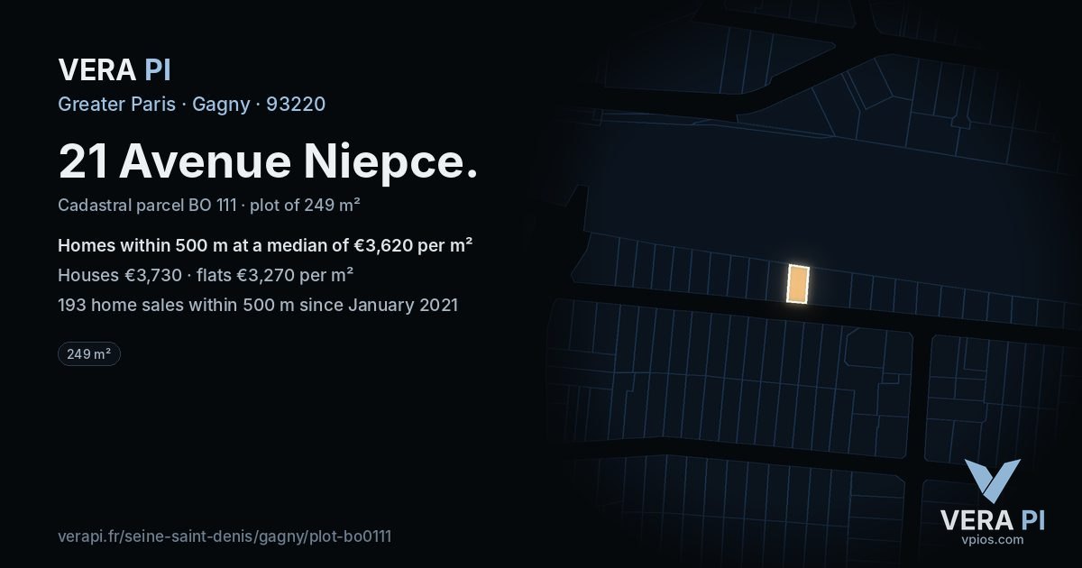21 Avenue Niepce, Gagny at night – the plot lit, the parcels around coloured by the prices near them