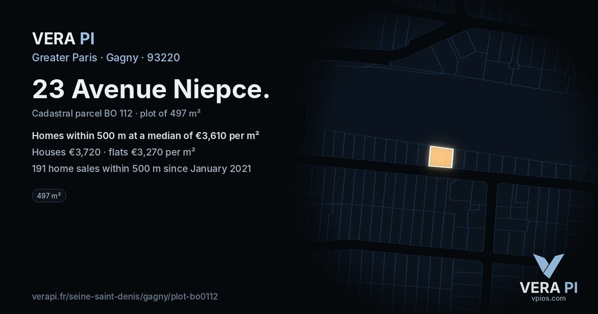 23 Avenue Niepce, Gagny at night – the plot lit, the parcels around coloured by the prices near them