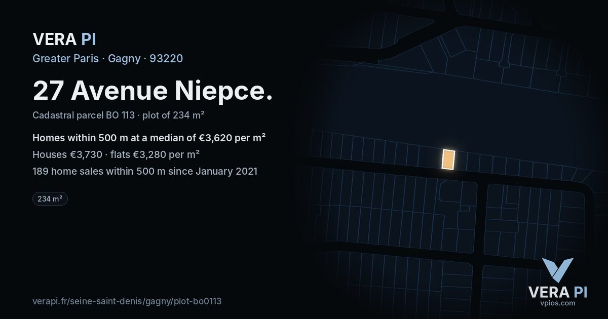 27 Avenue Niepce, Gagny at night – the plot lit, the parcels around coloured by the prices near them