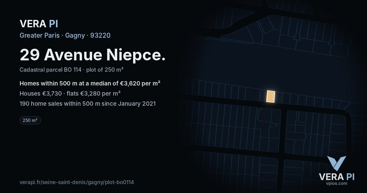 29 Avenue Niepce, Gagny at night – the plot lit, the parcels around coloured by the prices near them