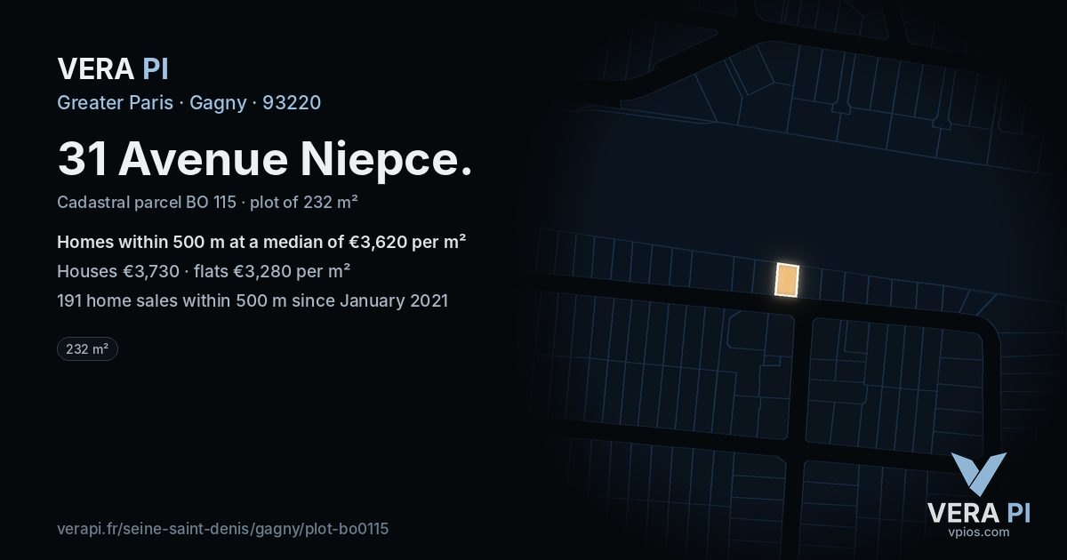 31 Avenue Niepce, Gagny at night – the plot lit, the parcels around coloured by the prices near them