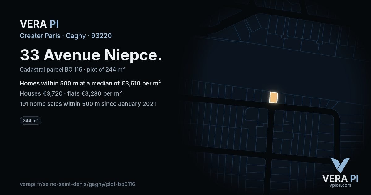 33 Avenue Niepce, Gagny at night – the plot lit, the parcels around coloured by the prices near them