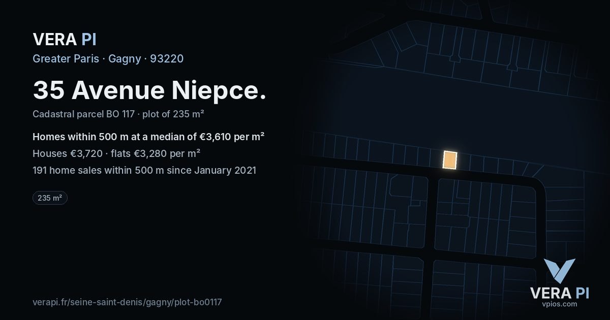 35 Avenue Niepce, Gagny at night – the plot lit, the parcels around coloured by the prices near them