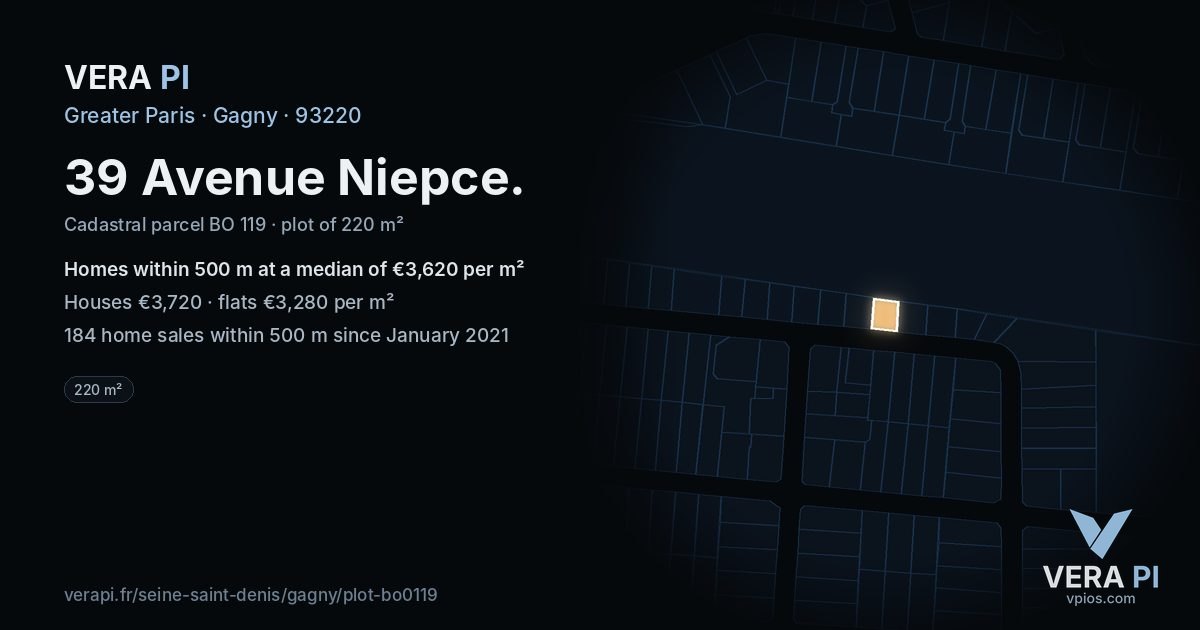 39 Avenue Niepce, Gagny at night – the plot lit, the parcels around coloured by the prices near them