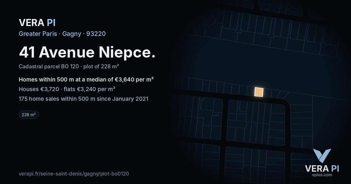 41 Avenue Niepce, Gagny at night – the plot lit, the parcels around coloured by the prices near them