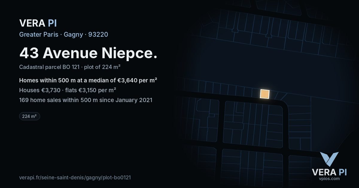 43 Avenue Niepce, Gagny at night – the plot lit, the parcels around coloured by the prices near them