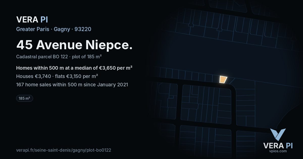 45 Avenue Niepce, Gagny at night – the plot lit, the parcels around coloured by the prices near them