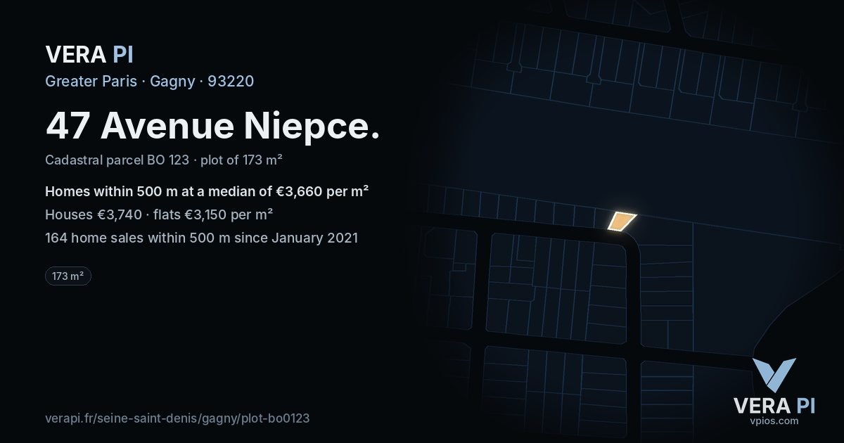 47 Avenue Niepce, Gagny at night – the plot lit, the parcels around coloured by the prices near them