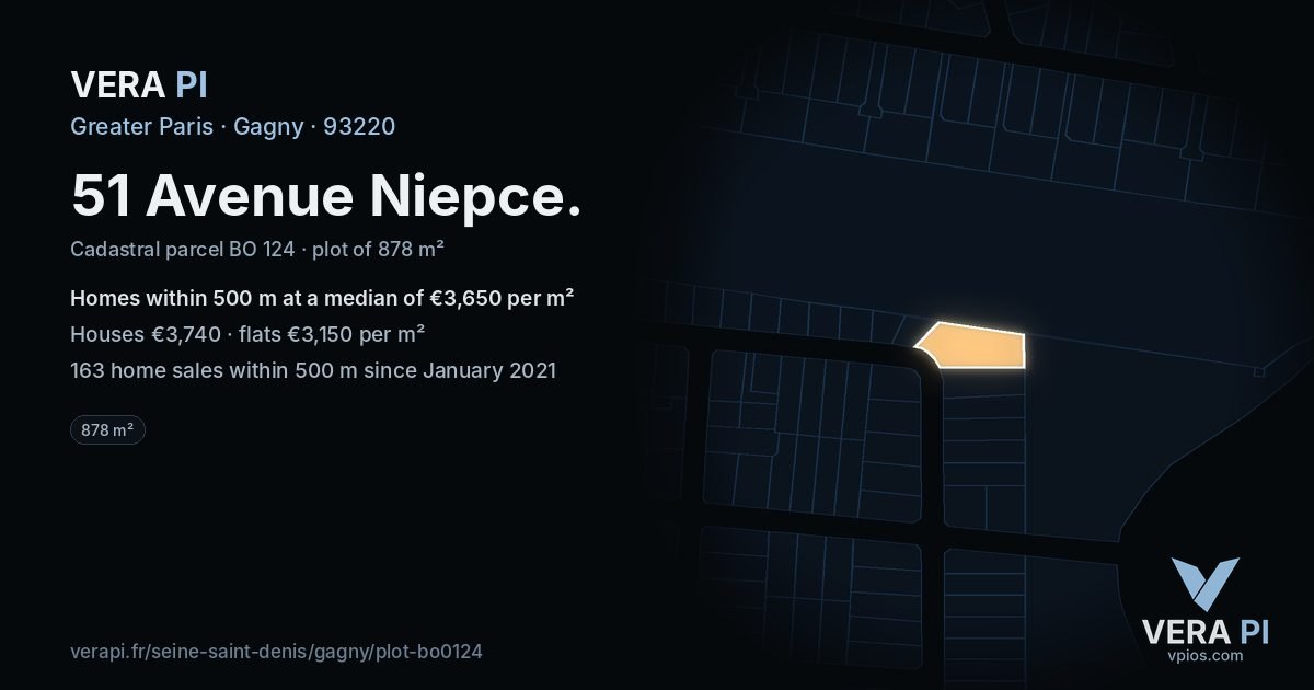 51 Avenue Niepce, Gagny at night – the plot lit, the parcels around coloured by the prices near them