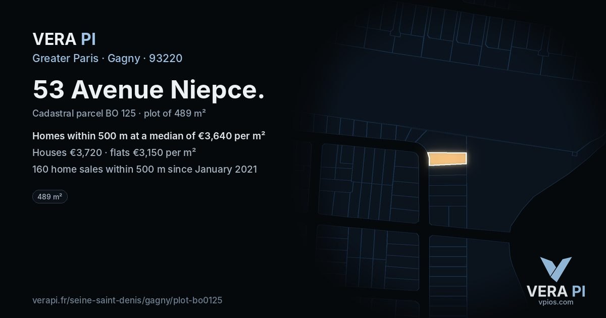 53 Avenue Niepce, Gagny at night – the plot lit, the parcels around coloured by the prices near them