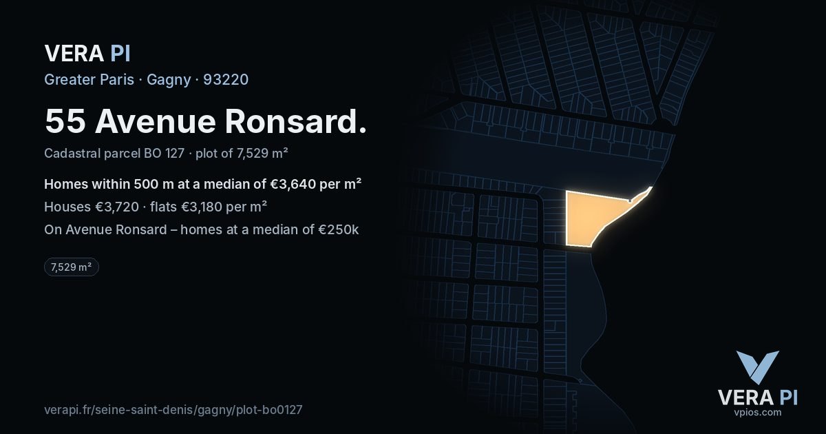55 Avenue Ronsard, Gagny at night – the plot lit, the parcels around coloured by the prices near them