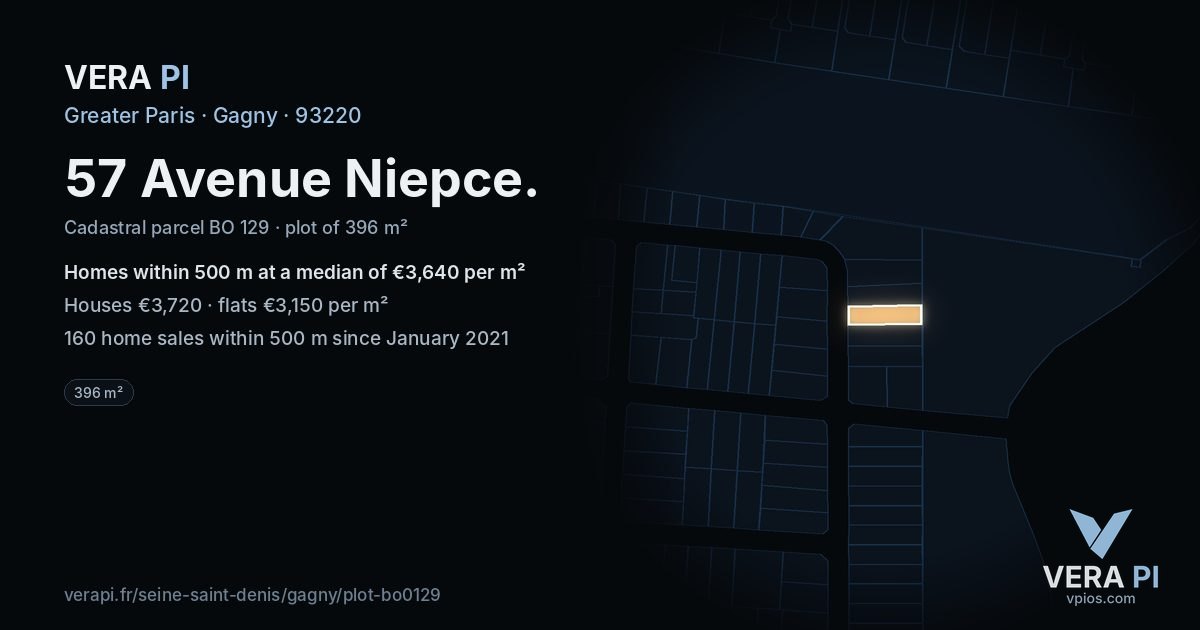 57 Avenue Niepce, Gagny at night – the plot lit, the parcels around coloured by the prices near them