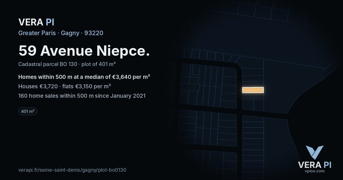 59 Avenue Niepce, Gagny at night – the plot lit, the parcels around coloured by the prices near them