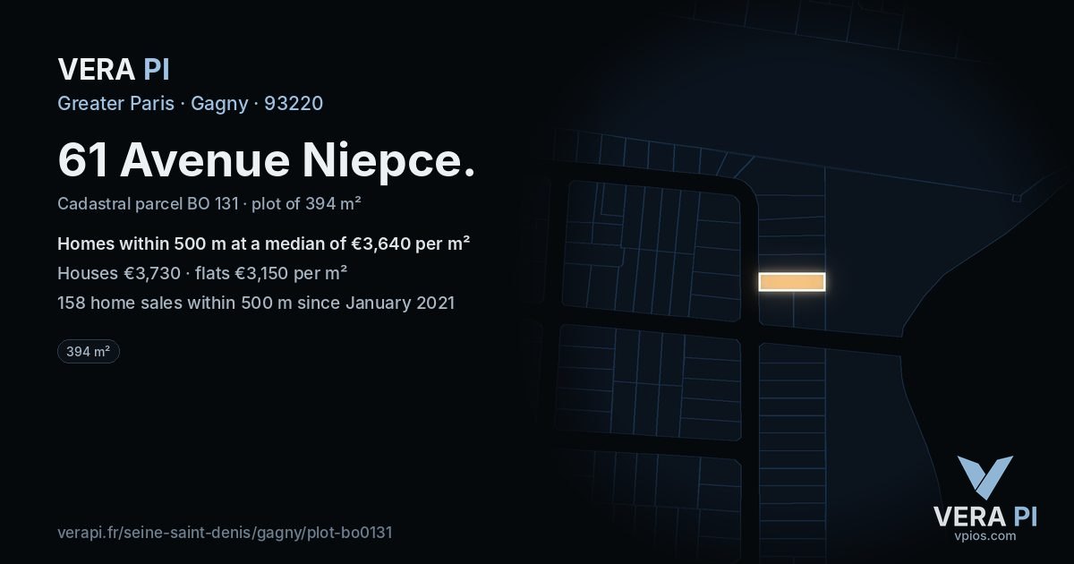 61 Avenue Niepce, Gagny at night – the plot lit, the parcels around coloured by the prices near them