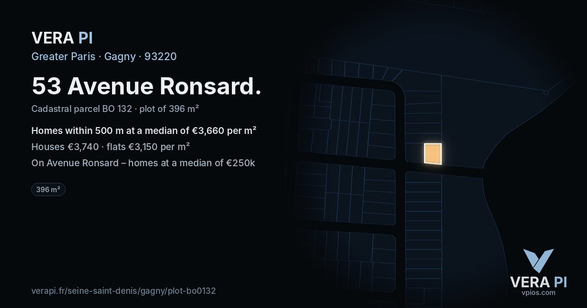 53 Avenue Ronsard, Gagny at night – the plot lit, the parcels around coloured by the prices near them