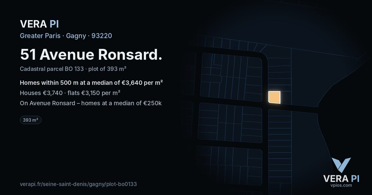 51 Avenue Ronsard, Gagny at night – the plot lit, the parcels around coloured by the prices near them