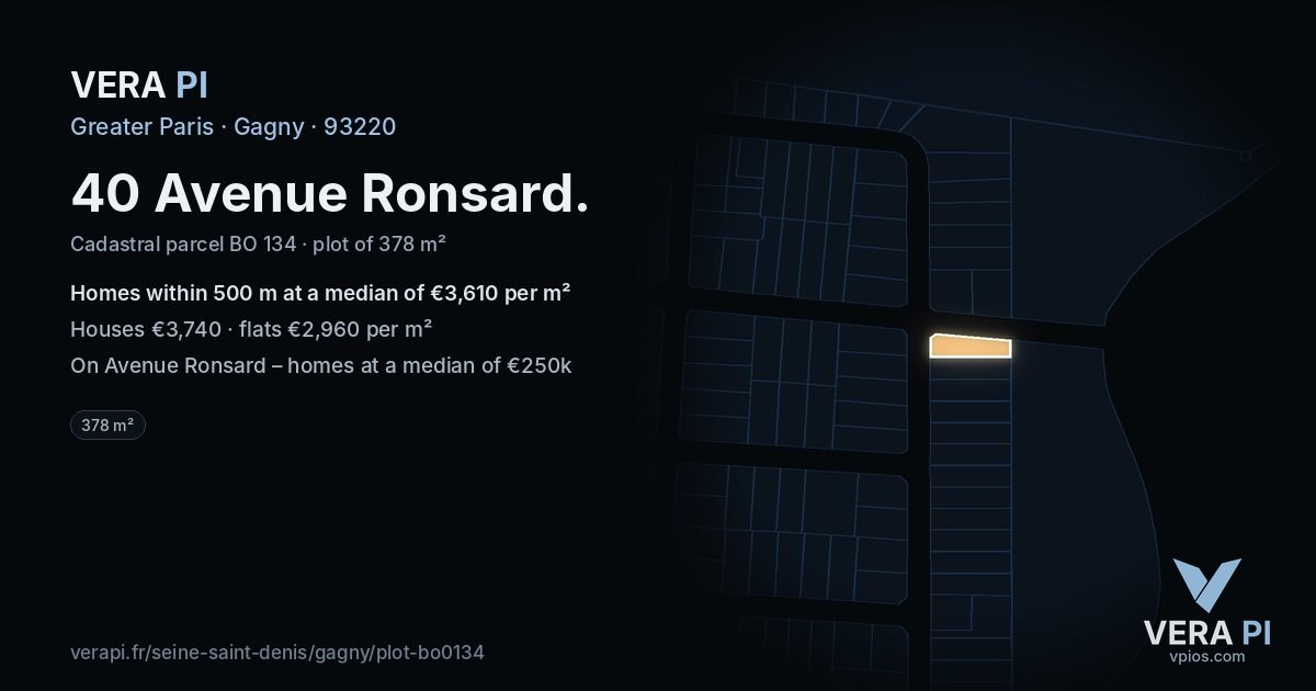 40 Avenue Ronsard, Gagny at night – the plot lit, the parcels around coloured by the prices near them