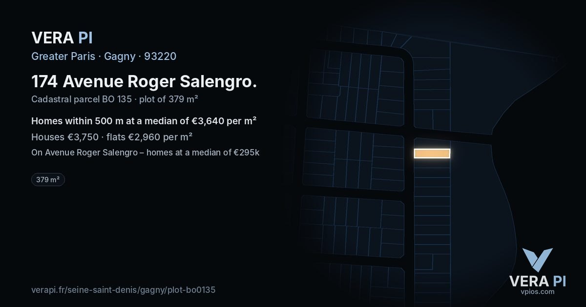 174 Avenue Roger Salengro, Gagny at night – the plot lit, the parcels around coloured by the prices near them