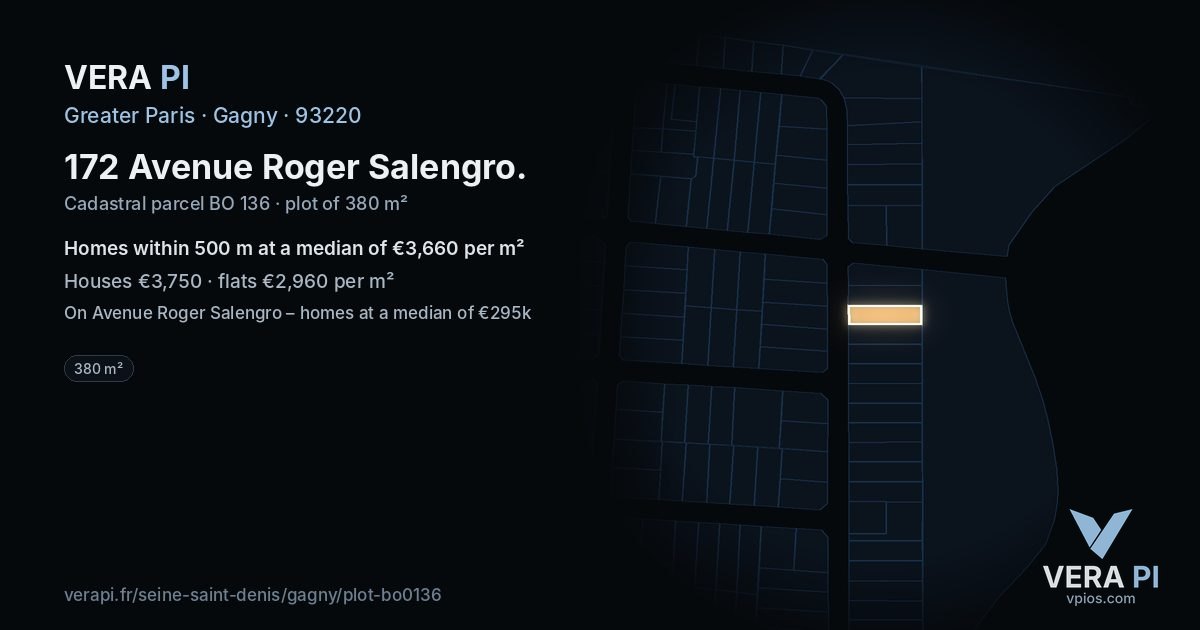 172 Avenue Roger Salengro, Gagny at night – the plot lit, the parcels around coloured by the prices near them