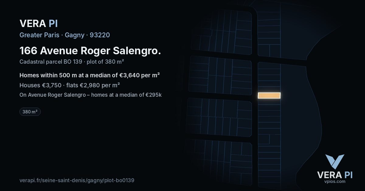 166 Avenue Roger Salengro, Gagny at night – the plot lit, the parcels around coloured by the prices near them