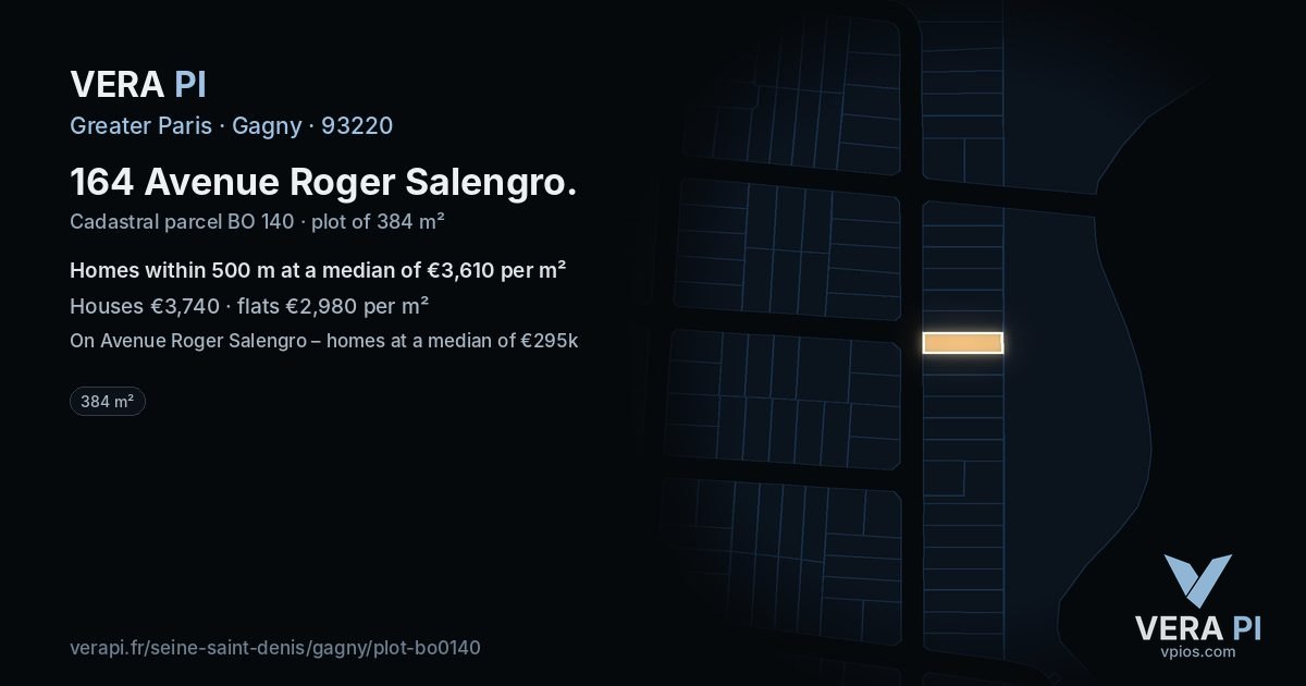 164 Avenue Roger Salengro, Gagny at night – the plot lit, the parcels around coloured by the prices near them