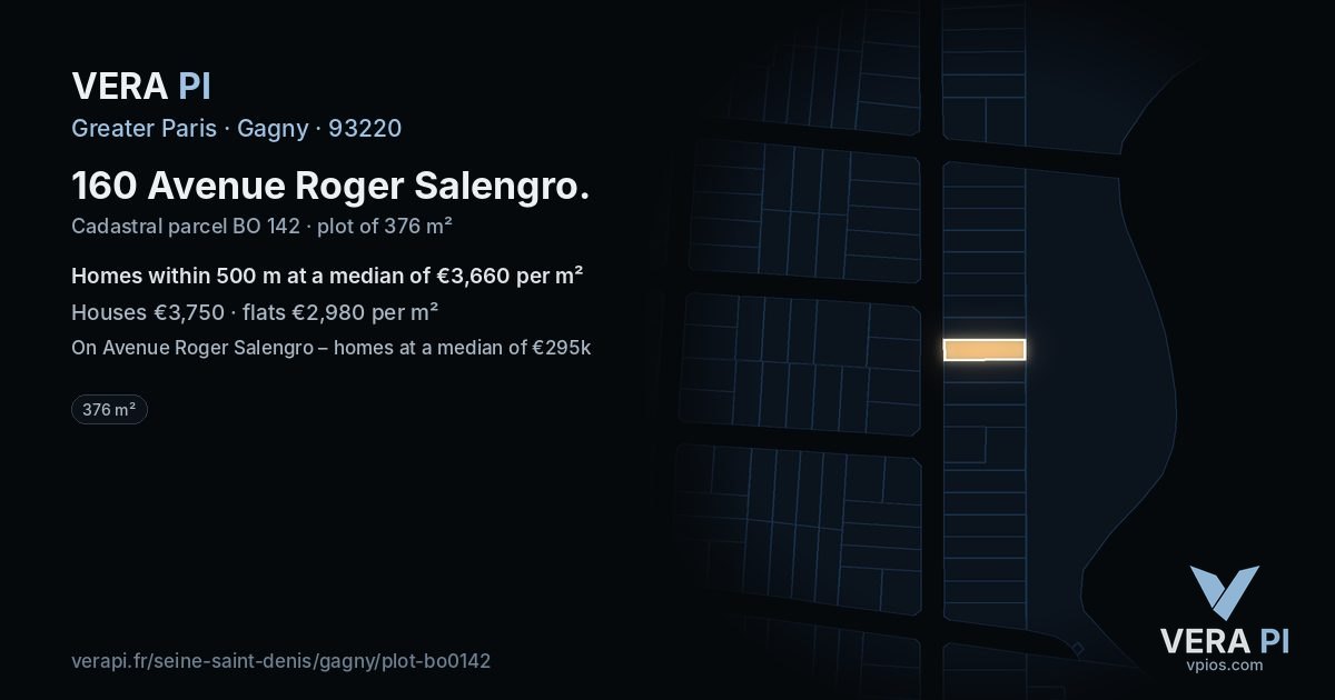 160 Avenue Roger Salengro, Gagny at night – the plot lit, the parcels around coloured by the prices near them