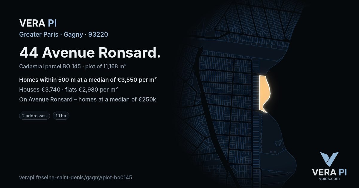 44 Avenue Ronsard, Gagny at night – the plot lit, the parcels around coloured by the prices near them